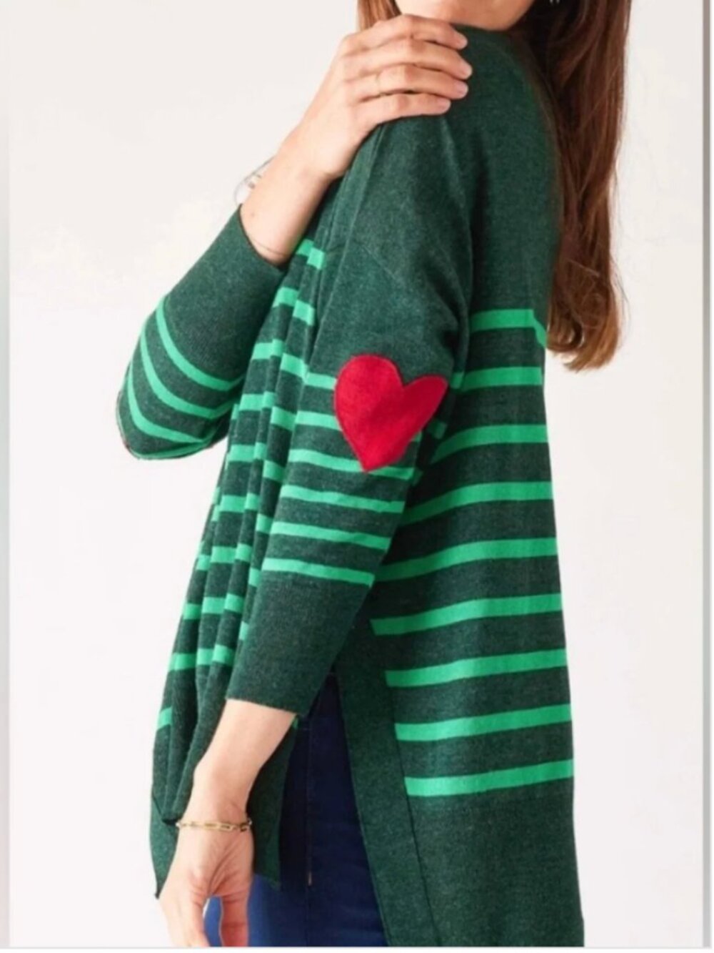 Mersea The Amour Sweater Dark Green Crewneck with Bright Green Stripes, OS